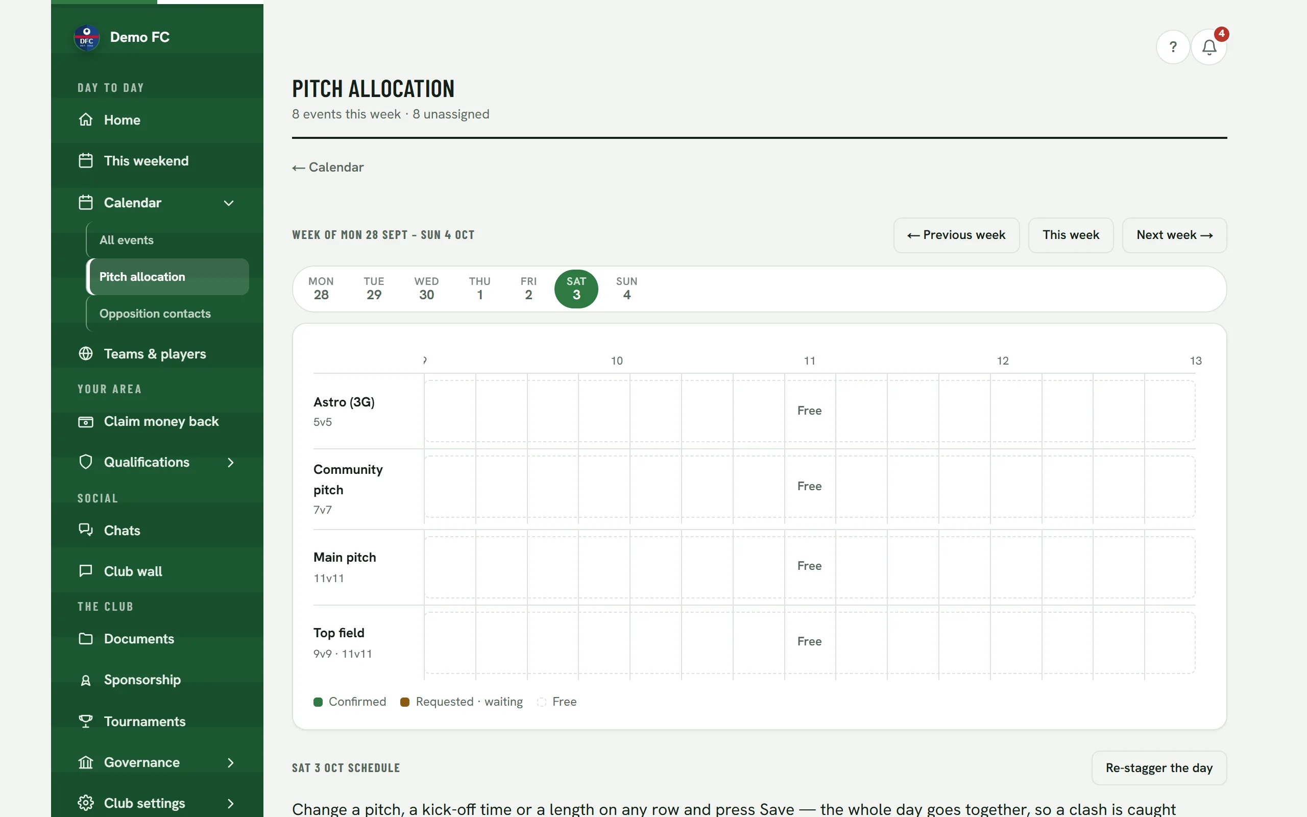 Demo FC's pitch allocation screen on a desktop for a Saturday: 8 fixtures that week, all unassigned, a week strip above a day grid across four pitches — Astro 3G, Community pitch, Main pitch, Top field — all free from 9am, and a “Re-stagger the day” action below.